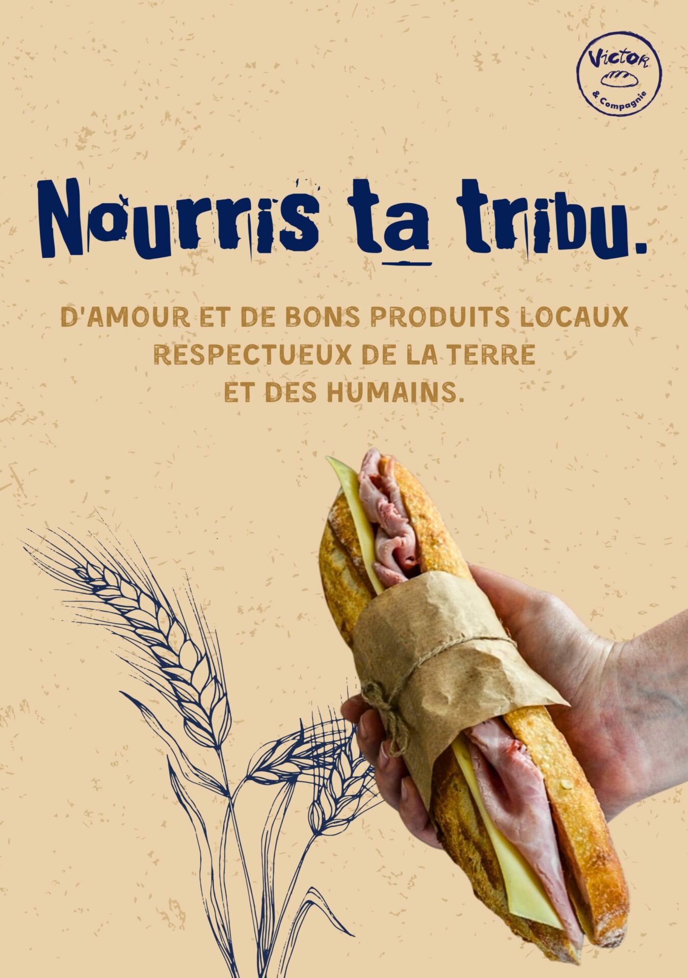 une main qui tient un sandwich jambon beurre accompagné du texte "nourris ta tribu"